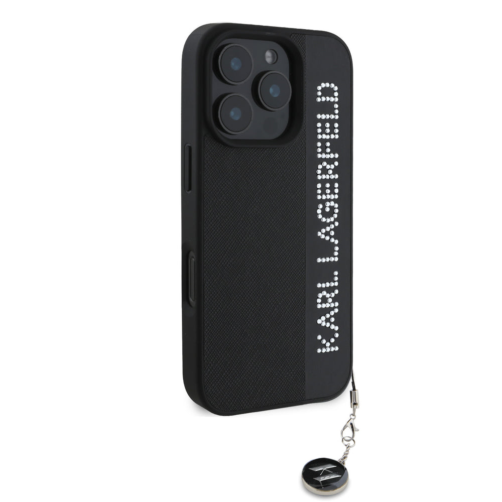 Karl Lagerfeld iPhone 16 Pro Backcover hoesje Saffiano rhinestones and charm - Zwart-Hoesjes-Ilumina Benelux