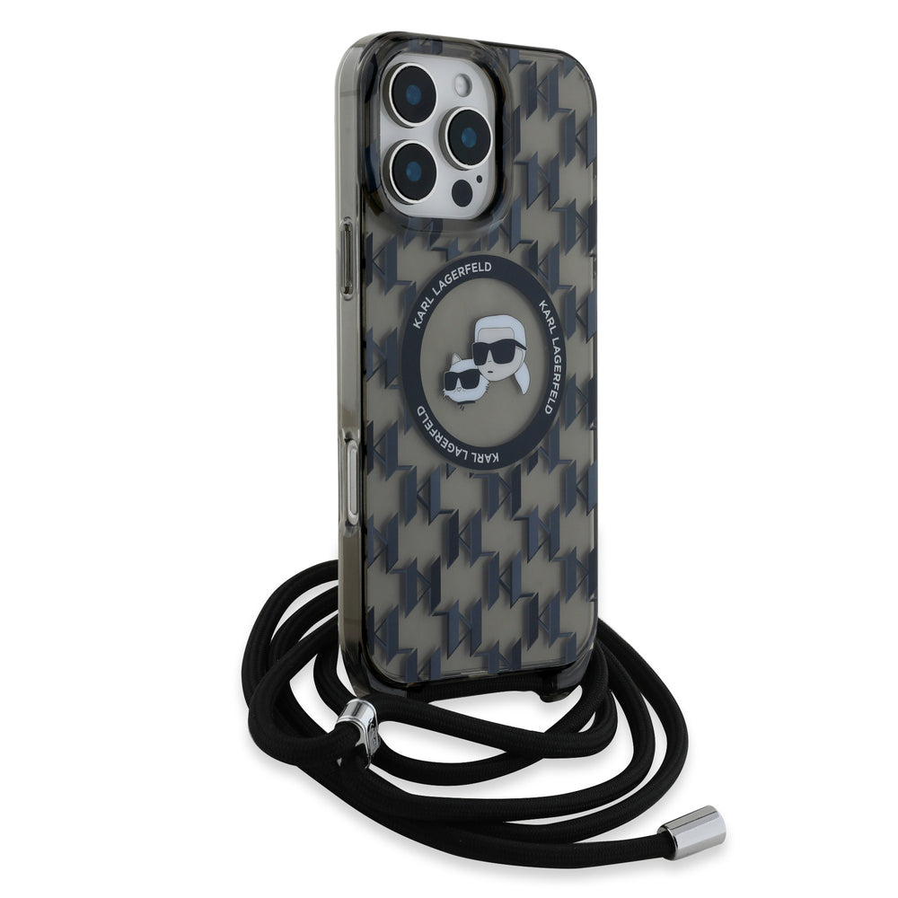Karl Lagerfeld iPhone 16 Pro Max Backcover hoesje Magsafe IML KC heads - cord - Zwart-Hoesjes-Ilumina Benelux