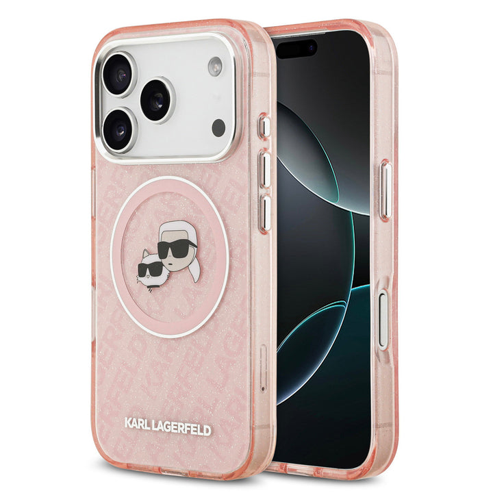 Karl Lagerfeld iPhone 17 Pro Backcover hoesje - MagSafe - IML Glitter K&C Heads Logo - Roze-Hoesjes-Ilumina Benelux