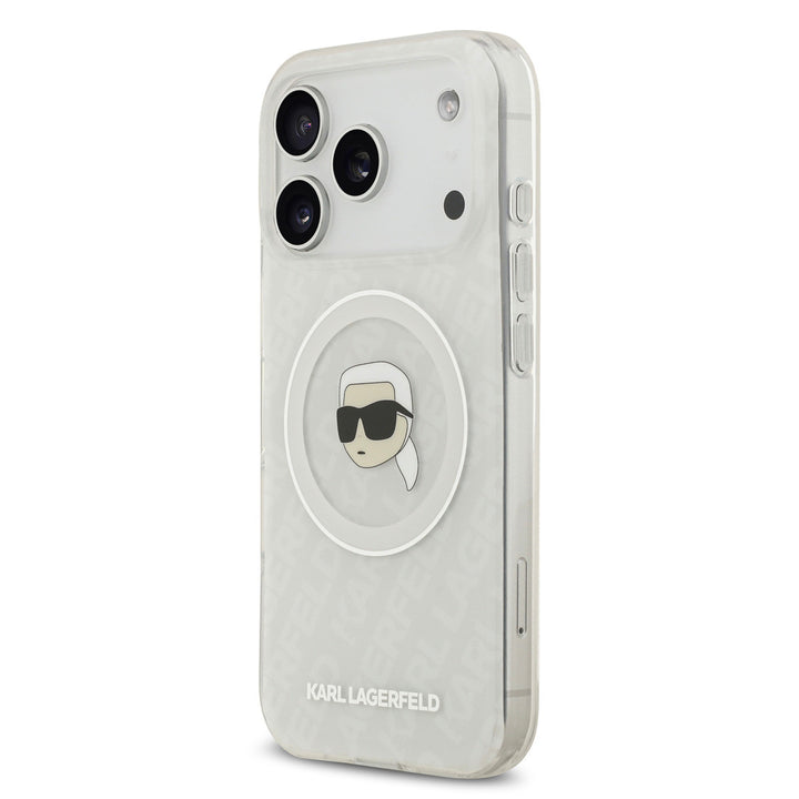 Karl Lagerfeld iPhone 17 Pro Backcover hoesje - MagSafe IML - Glitter & KL Repeated Case With Karl Head - Transparant-Hoesjes-Ilumina Benelux