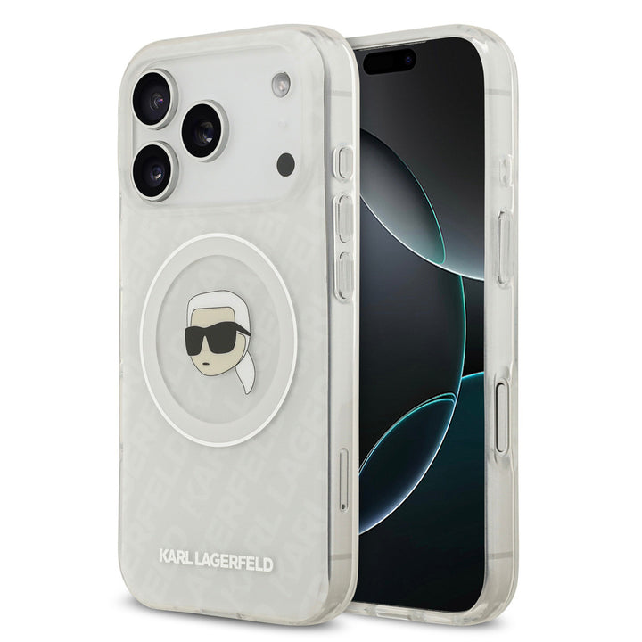 Karl Lagerfeld iPhone 17 Pro Backcover hoesje - MagSafe IML - Glitter & KL Repeated Case With Karl Head - Transparant-Hoesjes-Ilumina Benelux