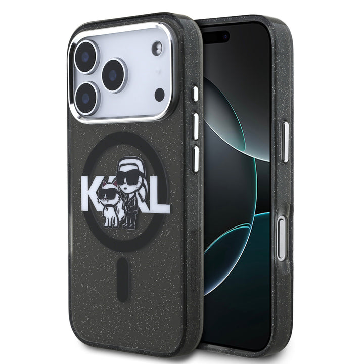 Karl Lagerfeld iPhone 17 Pro Backcover hoesje - Magsafe - Glitter K&C Sketch Logo - Zwart-Hoesjes-Ilumina Benelux