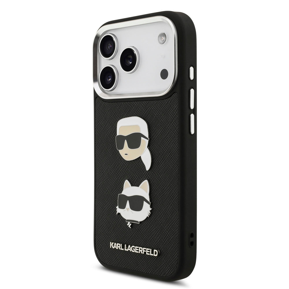 Karl Lagerfeld iPhone 17 Pro Backcover hoesje - Saffiano Leather - K&C Head Pins - Silver Edge - Zwart-Hoesjes-Ilumina Benelux