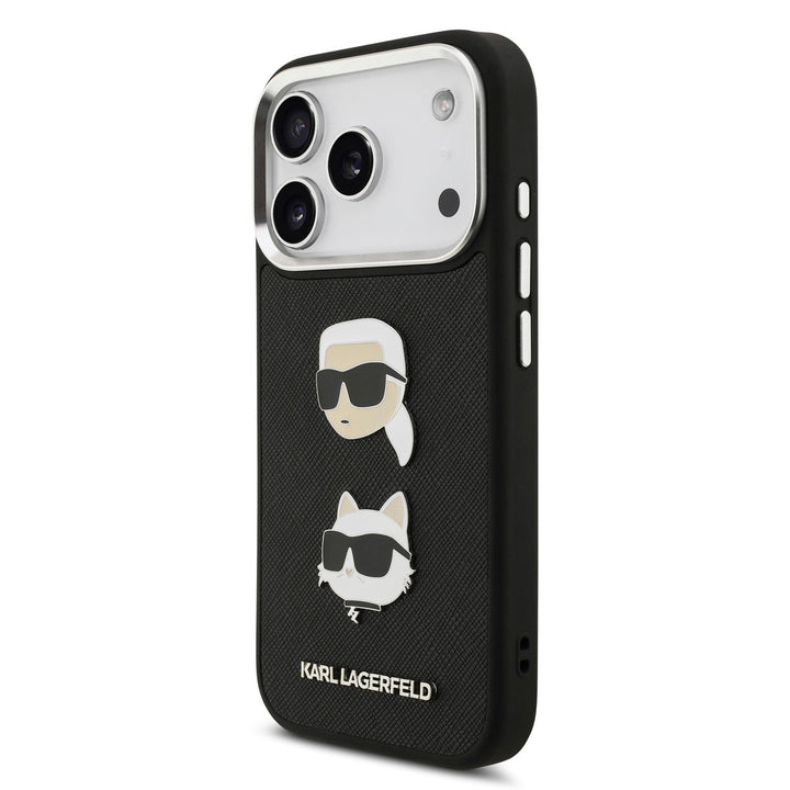 Karl Lagerfeld iPhone 17 Pro Backcover hoesje - Saffiano Leather - K&C Head Pins - Silver Edge - Zwart-Hoesjes-Ilumina Benelux