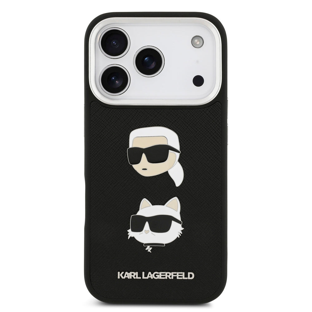 Karl Lagerfeld iPhone 17 Pro Backcover hoesje - Saffiano Leather - K&C Head Pins - Silver Edge - Zwart-Hoesjes-Ilumina Benelux