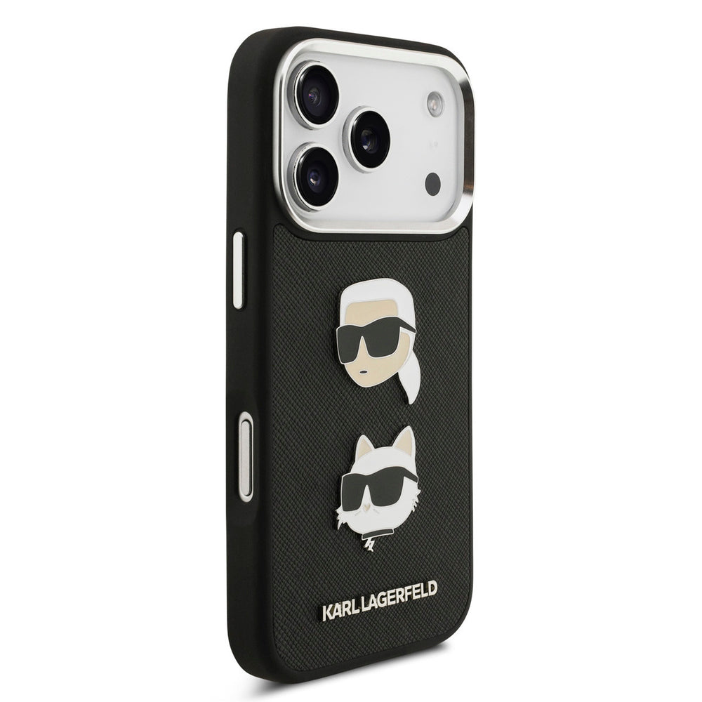 Karl Lagerfeld iPhone 17 Pro Backcover hoesje - Saffiano Leather - K&C Head Pins - Silver Edge - Zwart-Hoesjes-Ilumina Benelux