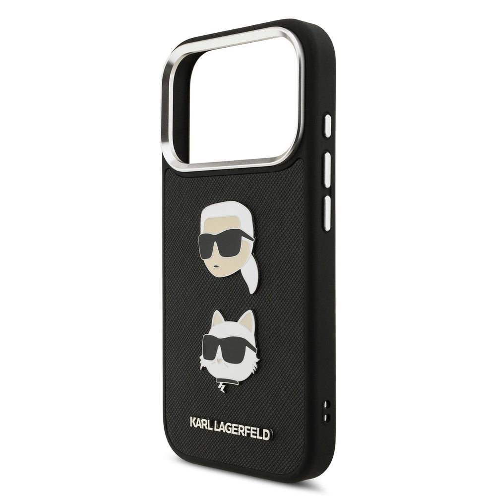 Karl Lagerfeld iPhone 17 Pro Backcover hoesje - Saffiano Leather - K&C Head Pins - Silver Edge - Zwart-Hoesjes-Ilumina Benelux