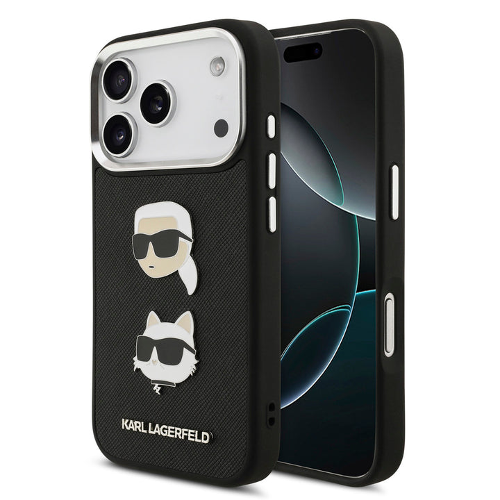 Karl Lagerfeld iPhone 17 Pro Backcover hoesje - Saffiano Leather - K&C Head Pins - Silver Edge - Zwart-Hoesjes-Ilumina Benelux