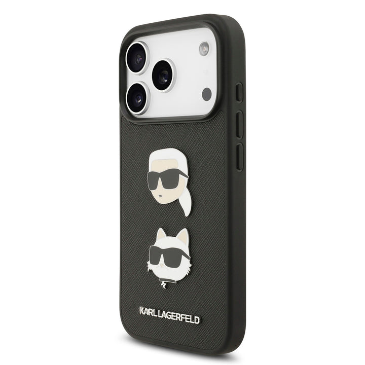 Karl Lagerfeld iPhone 17 Pro Backcover hoesje - Saffiano Leather - K&C Head Pins - Zwart-Hoesjes-Ilumina Benelux