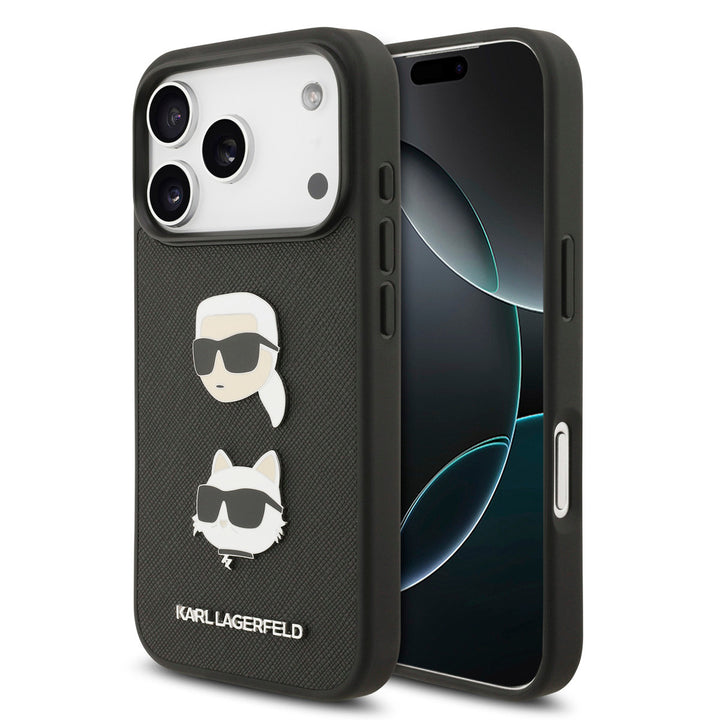Karl Lagerfeld iPhone 17 Pro Backcover hoesje - Saffiano Leather - K&C Head Pins - Zwart-Hoesjes-Ilumina Benelux