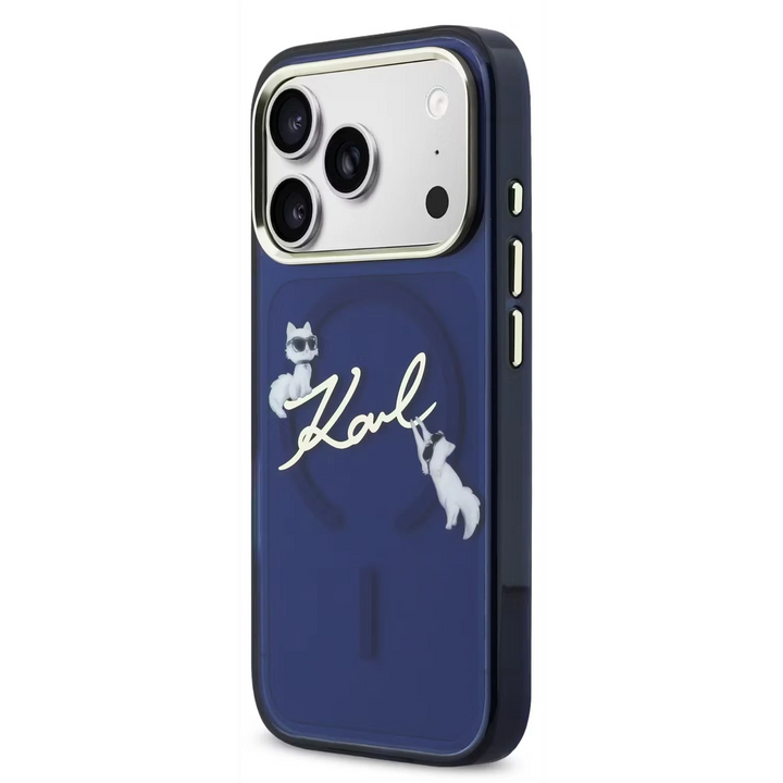 Karl Lagerfeld iPhone 17 Pro Max Backcover hoesje - MagSafe IML Case With K&C Script Logo - Gold Edge - Navy-Hoesjes-Ilumina Benelux