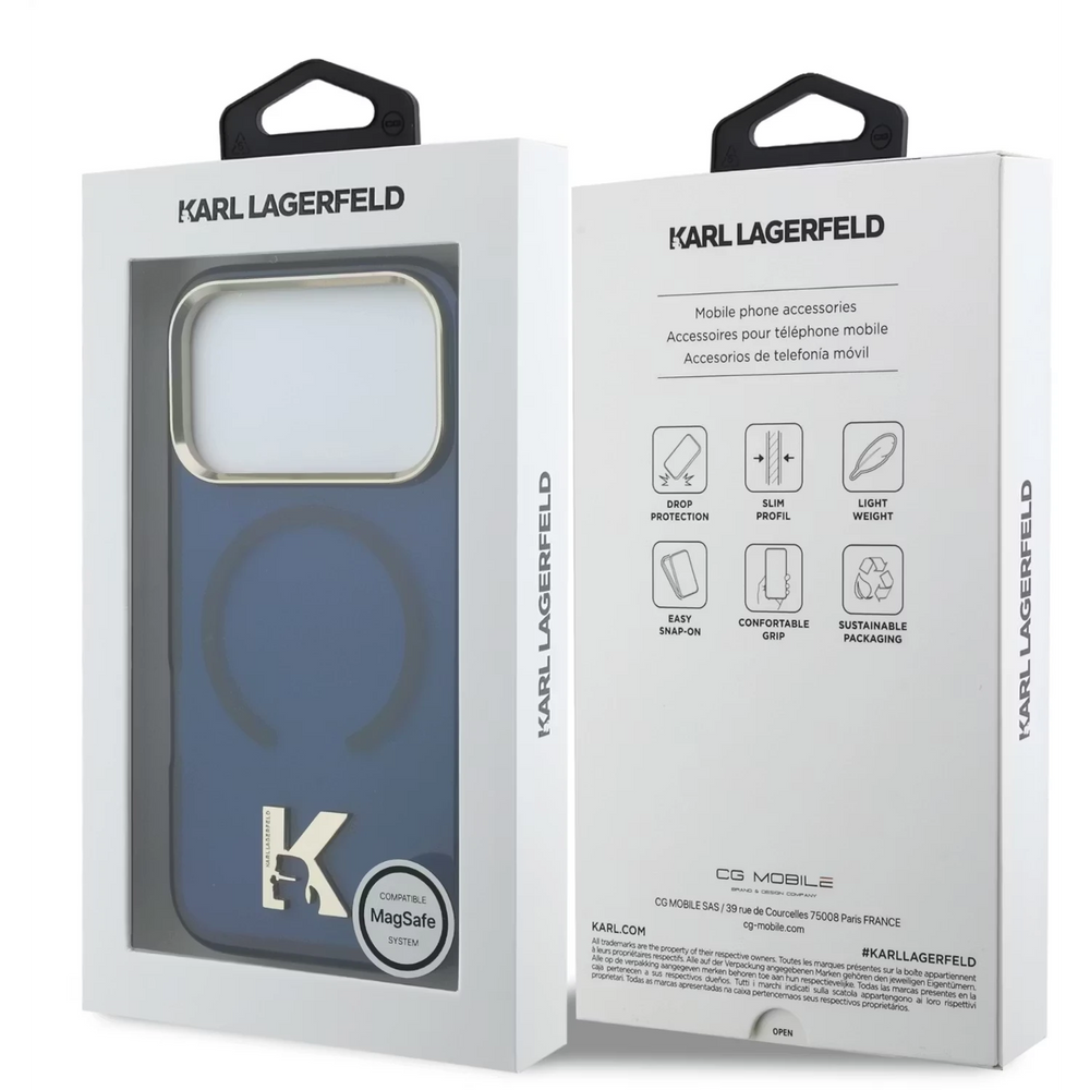 Karl Lagerfeld iPhone 17 Pro Max Backcover hoesje - MagSafe IML Case With Karl Head Logo - Gold Edge - Navy-Hoesjes-Ilumina Benelux