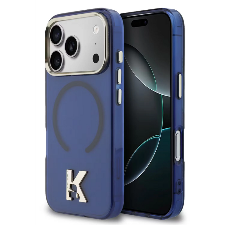 Karl Lagerfeld iPhone 17 Pro Max Backcover hoesje - MagSafe IML Case With Karl Head Logo - Gold Edge - Navy-Hoesjes-Ilumina Benelux