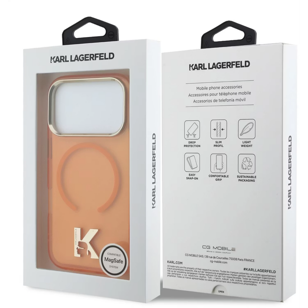 Karl Lagerfeld iPhone 17 Pro Max Backcover hoesje - MagSafe IML Case With Karl Head Logo - Gold Edge - Oranje-Hoesjes-Ilumina Benelux