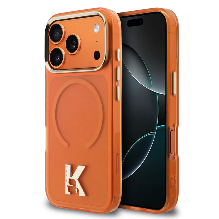 Karl Lagerfeld iPhone 17 Pro Max Backcover hoesje - MagSafe IML Case With Karl Head Logo - Gold Edge - Oranje-Hoesjes-Ilumina Benelux