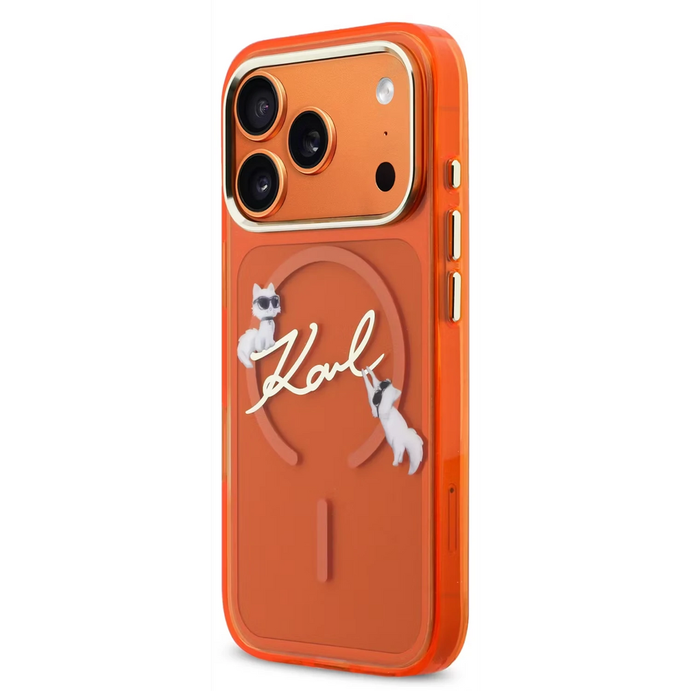 Karl Lagerfeld iPhone 17 Pro Max Backcover hoesje - MagSafe IML - Choupette Scripted Logo - Oranje-Hoesjes-Ilumina Benelux