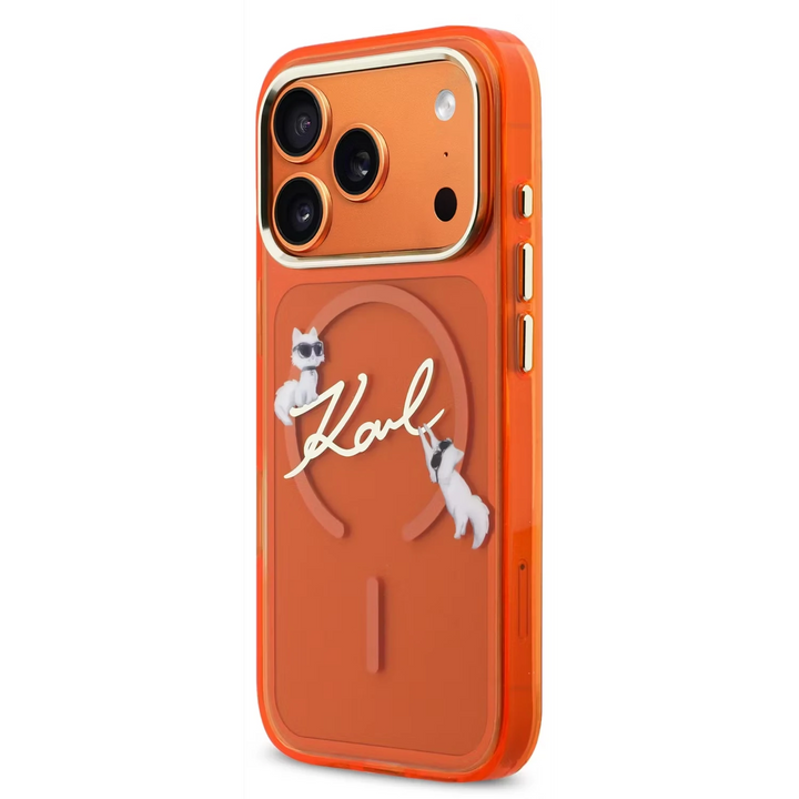 Karl Lagerfeld iPhone 17 Pro Max Backcover hoesje - MagSafe IML - Choupette Scripted Logo - Oranje-Hoesjes-Ilumina Benelux