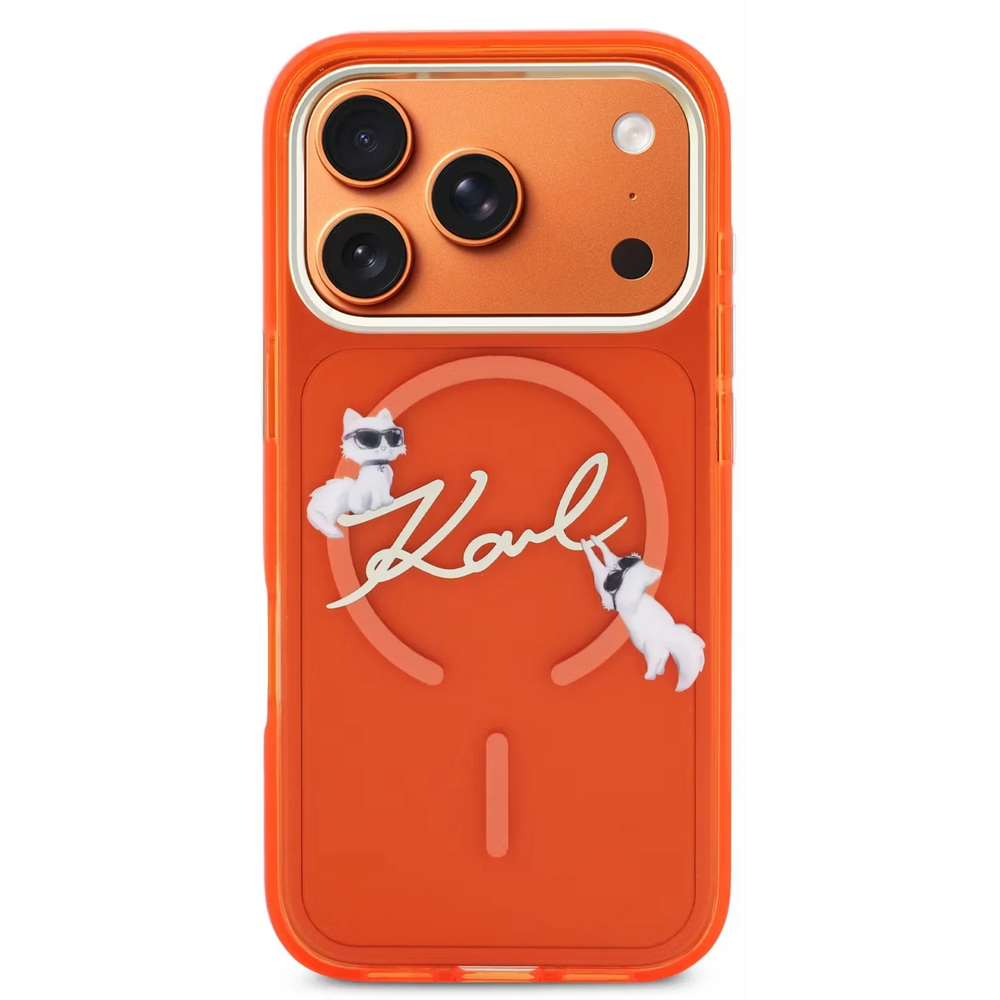 Karl Lagerfeld iPhone 17 Pro Max Backcover hoesje - MagSafe IML - Choupette Scripted Logo - Oranje-Hoesjes-Ilumina Benelux