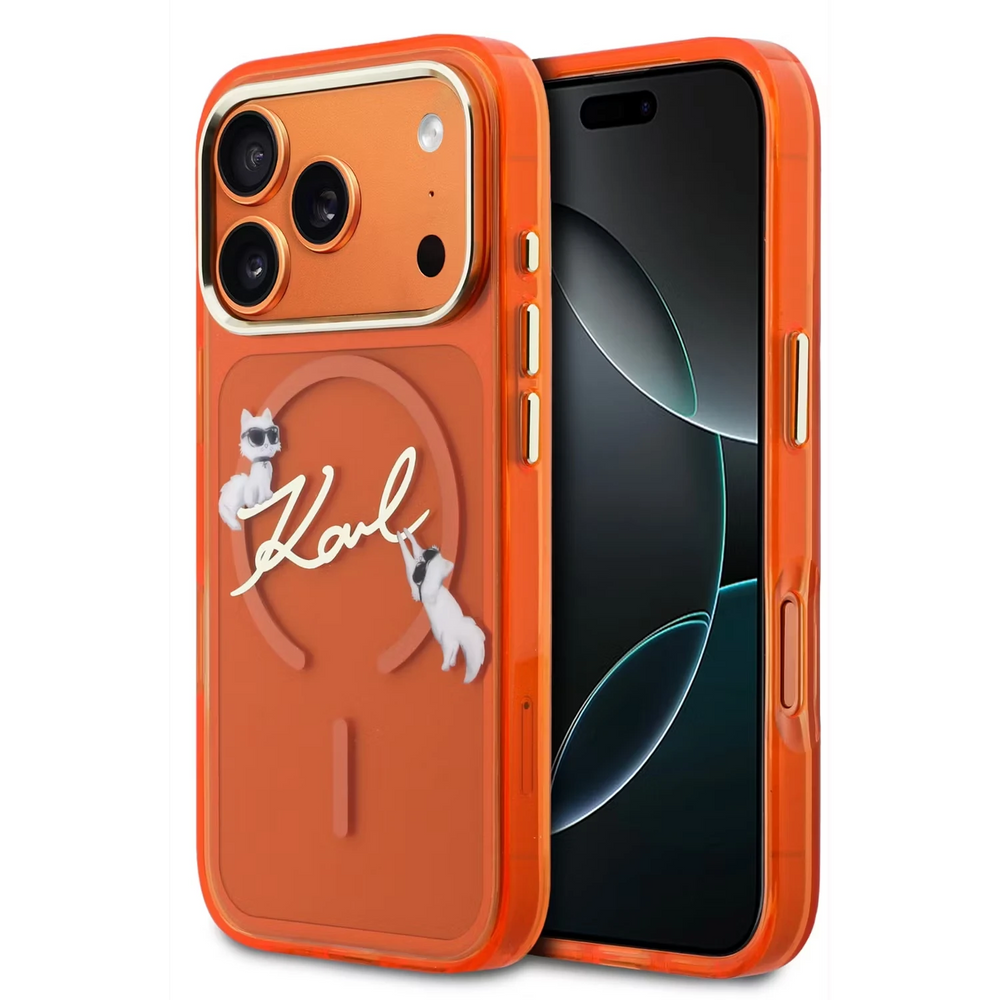 Karl Lagerfeld iPhone 17 Pro Max Backcover hoesje - MagSafe IML - Choupette Scripted Logo - Oranje-Hoesjes-Ilumina Benelux
