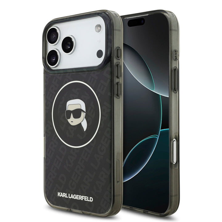 Karl Lagerfeld iPhone 17 Pro Max Backcover hoesje - MagSafe IML - Glitter & KL Repeated Case With Karl Head - Zwart-Hoesjes-Ilumina Benelux