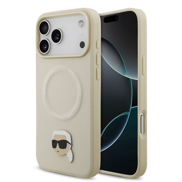 Karl Lagerfeld iPhone 17 Pro Max Backcover hoesje - Magsafe - Karl Head Pin - Beige-Hoesjes-Ilumina Benelux
