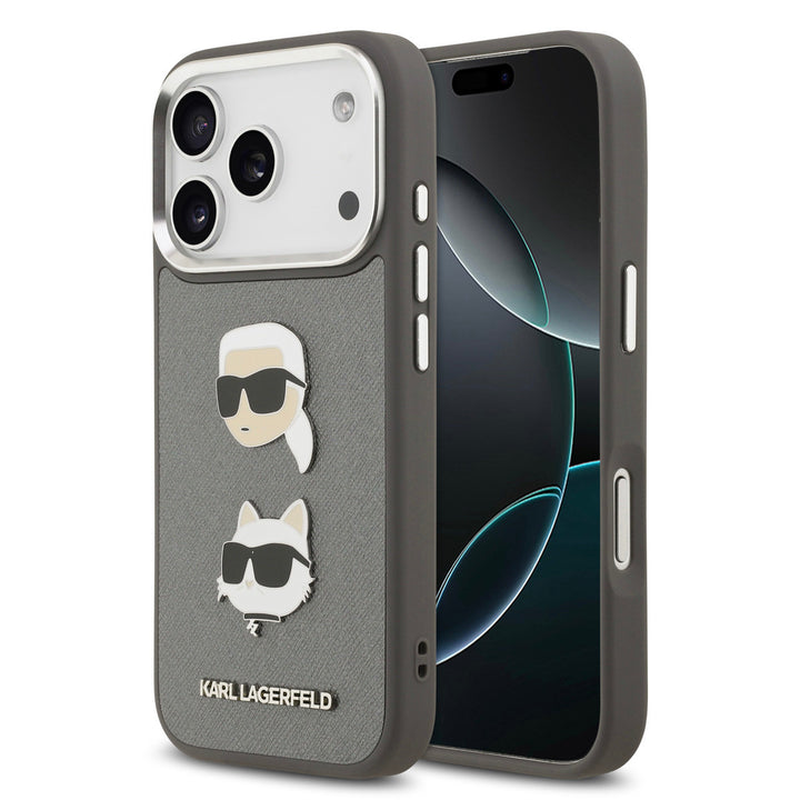 Karl lagerfeld iPhone 17 Pro Backcover hoesje - Grained - K&C Heads Pins - Grijs-Hoesjes-Ilumina Benelux
