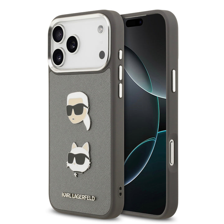 Karl lagerfeld iPhone 17 Pro Max Backcover hoesje - Grained - K&C Heads Pins - Grijs-Hoesjes-Ilumina Benelux