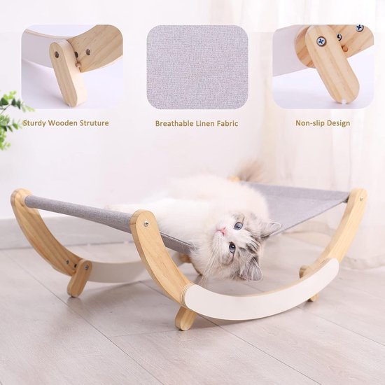 Kattenhangmat – Houten Frame – Afneembare Schommelstoel & Wieg – Verhoogd Slaapbed – Draagbaar & Ademend-Dierenhangmat-Ilumina Benelux