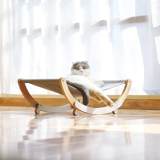 Kattenhangmat – Houten Frame – Afneembare Schommelstoel & Wieg – Verhoogd Slaapbed – Draagbaar & Ademend-Dierenhangmat-Ilumina Benelux
