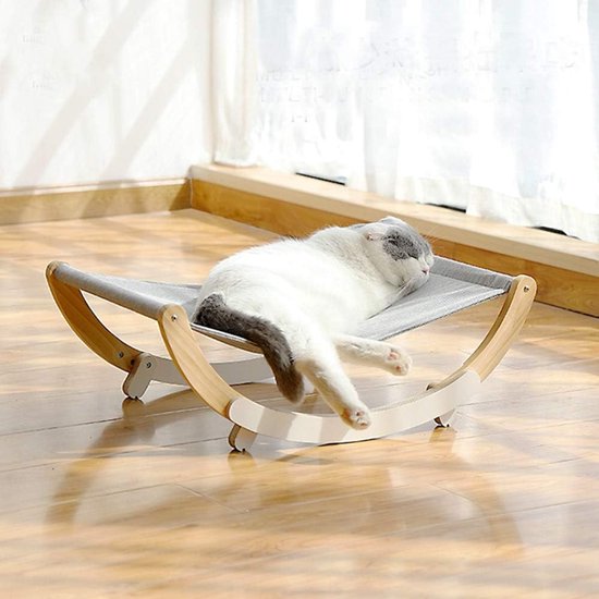 Kattenhangmat – Houten Frame – Afneembare Schommelstoel & Wieg – Verhoogd Slaapbed – Draagbaar & Ademend-Dierenhangmat-Ilumina Benelux