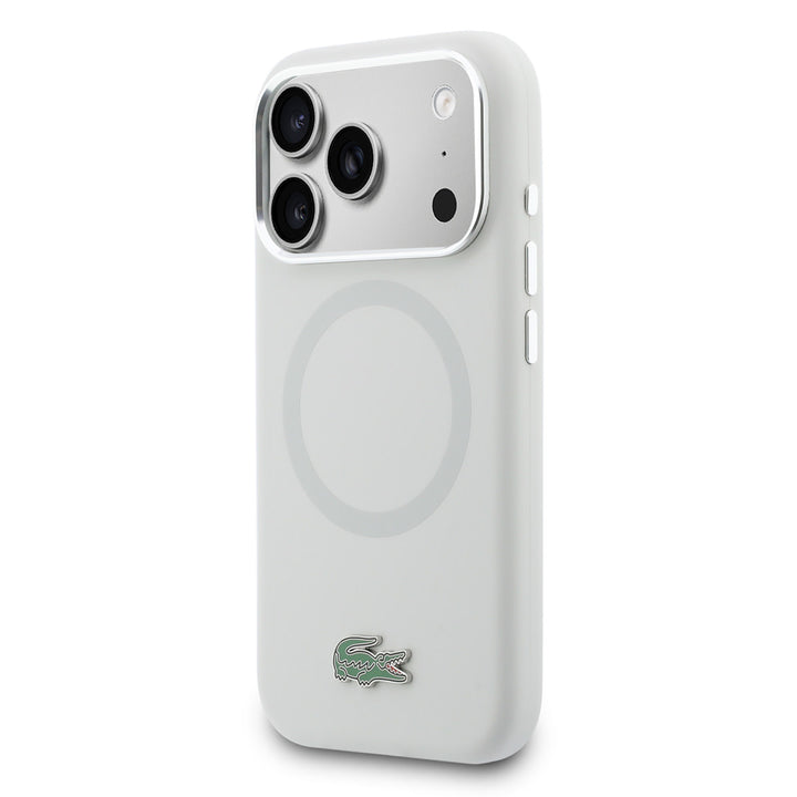 Lacoste iPhone 17 Pro Backcover hoesje - MagSafe - Metal Edges And Logo - Grijs-Hoesjes-Ilumina Benelux