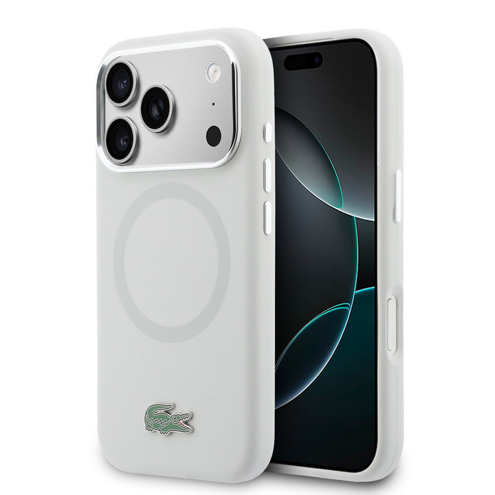 Lacoste iPhone 17 Pro Max Backcover hoesje - MagSafe - Metal Edges And Logo - Grijs-Hoesjes-Ilumina Benelux