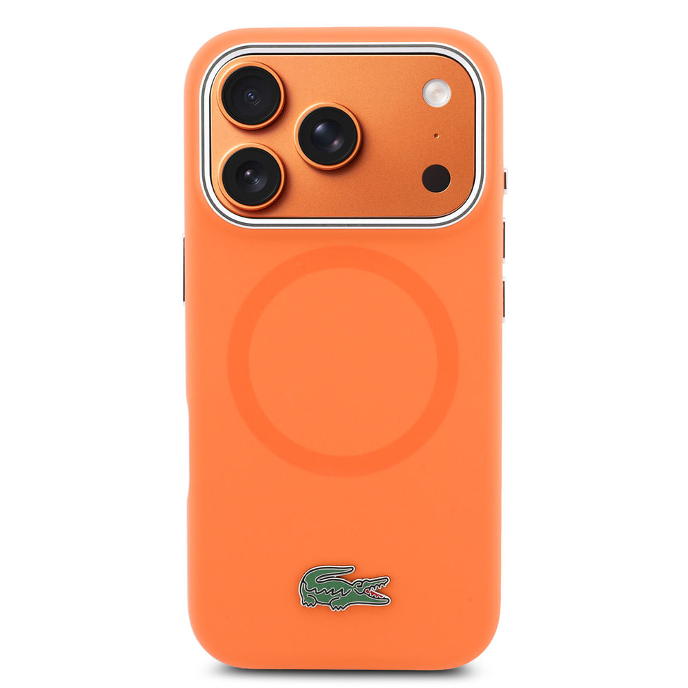 Lacoste iPhone 17 Pro Max Backcover hoesje - MagSafe - Metal Edges And Logo - Oranje-Hoesjes-Ilumina Benelux