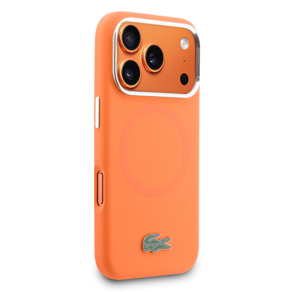 Lacoste iPhone 17 Pro Max Backcover hoesje - MagSafe - Metal Edges And Logo - Oranje-Hoesjes-Ilumina Benelux