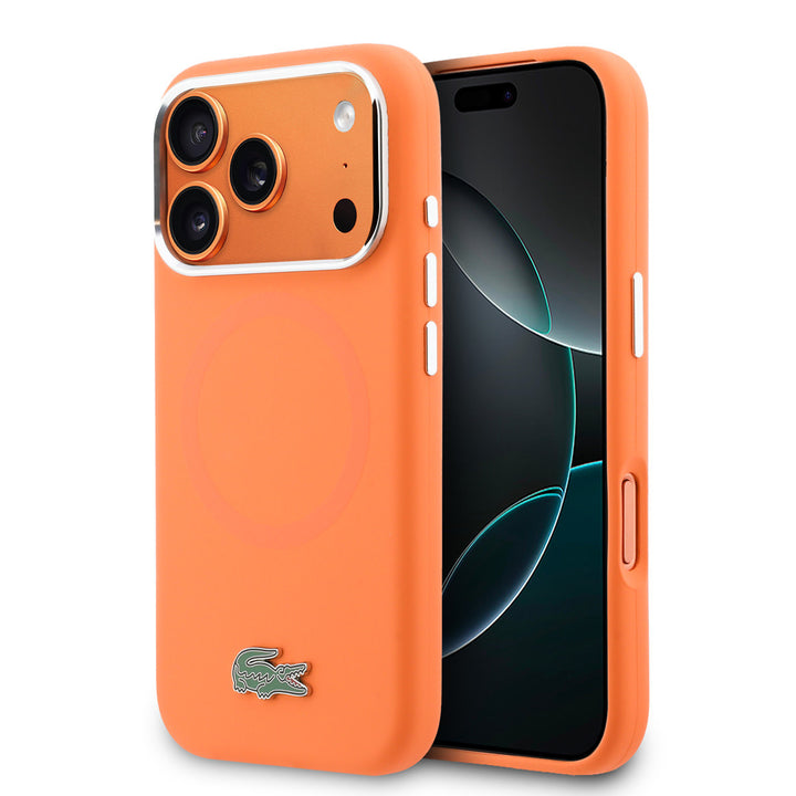 Lacoste iPhone 17 Pro Max Backcover hoesje - MagSafe - Metal Edges And Logo - Oranje-Hoesjes-Ilumina Benelux