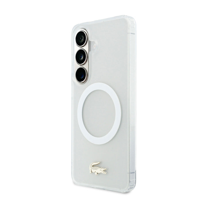Lacoste Samsung Galaxy S26 Backcover hoesje - MagSafe - Transparent Case With Frosted Finish - Gold Edge - Wit-Hoesjes-Ilumina Benelux