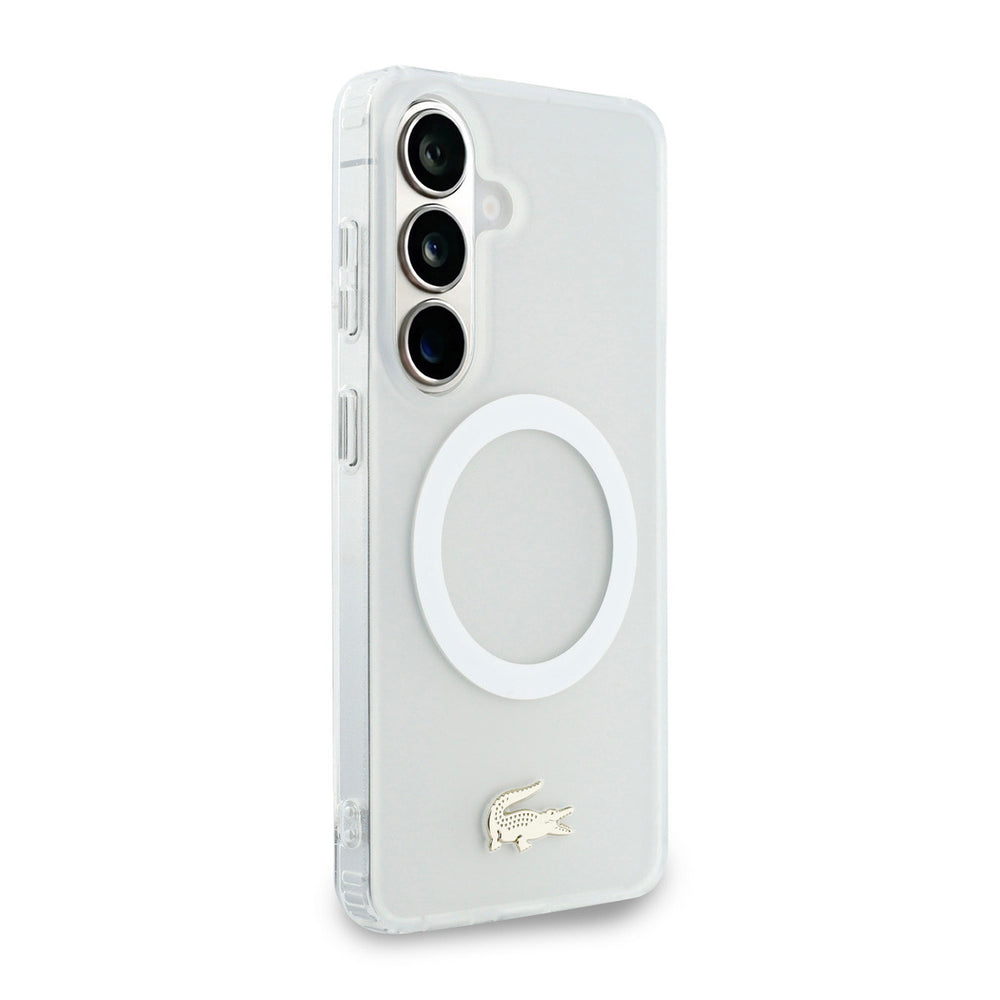 Lacoste Samsung Galaxy S26 Backcover hoesje - MagSafe - Transparent Case With Frosted Finish - Gold Edge - Wit-Hoesjes-Ilumina Benelux