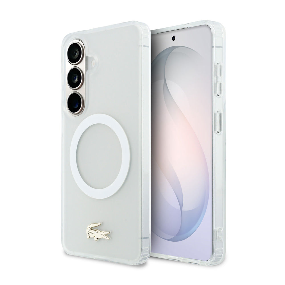 Lacoste Samsung Galaxy S26 Backcover hoesje - MagSafe - Transparent Case With Frosted Finish - Gold Edge - Wit-Hoesjes-Ilumina Benelux