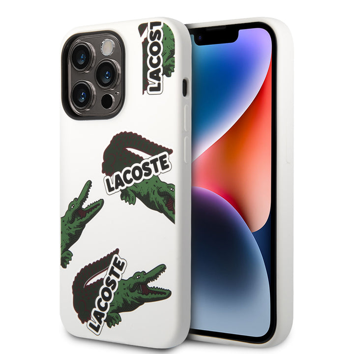 Lacoste iPhone 14 Pro Backcover hoesje - Allover Pattern - Wit-Hoesjes-Ilumina Benelux