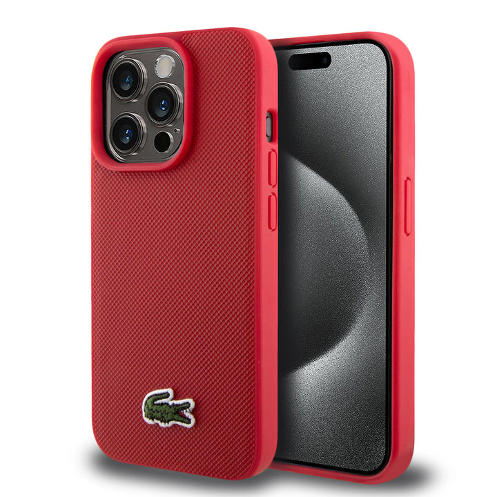 Lacoste iPhone 15 Pro Backcover hoesje - Magsafe - Iconic Petit Pique Logo - Rood-Hoesjes-Ilumina Benelux