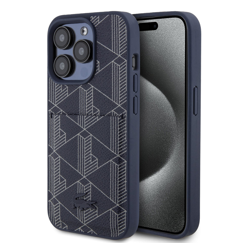 Lacoste iPhone 15 Pro Backcover hoesje - The Blend Monogram - With Cardslot - Navy-Hoesjes-Ilumina Benelux