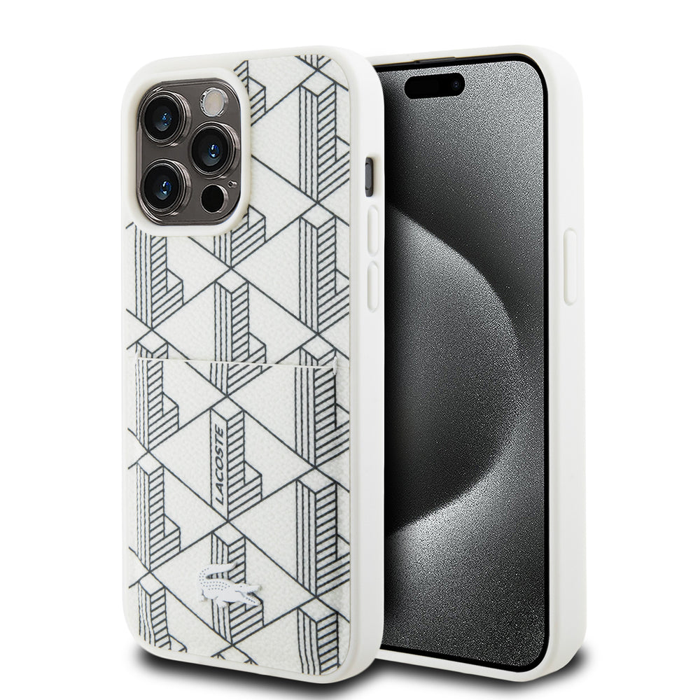 Lacoste iPhone 15 Pro Backcover hoesje - The Blend Monogram - With Cardslot - Wit-Hoesjes-Ilumina Benelux