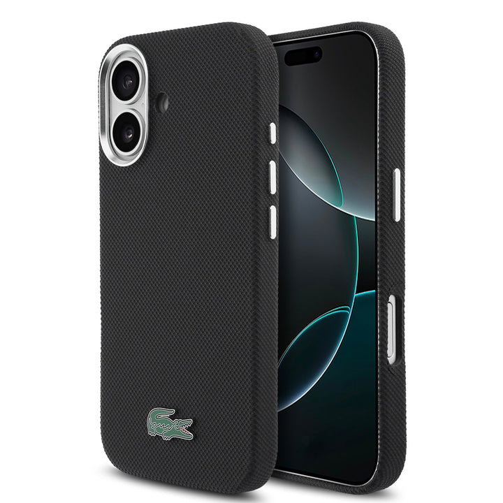 Lacoste iPhone 16 Backcover hoesje - MagSafe - Metal Edges - Iconic Petit Pique Logo - Zwart-Hoesjes-Ilumina Benelux