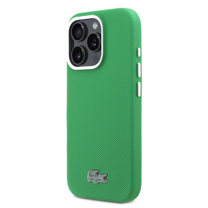 Lacoste iPhone 16 Pro Backcover hoesje - MagSafe - Metal Edges - Iconic Petit Pique Logo - Estragon Green-Hoesjes-Ilumina Benelux