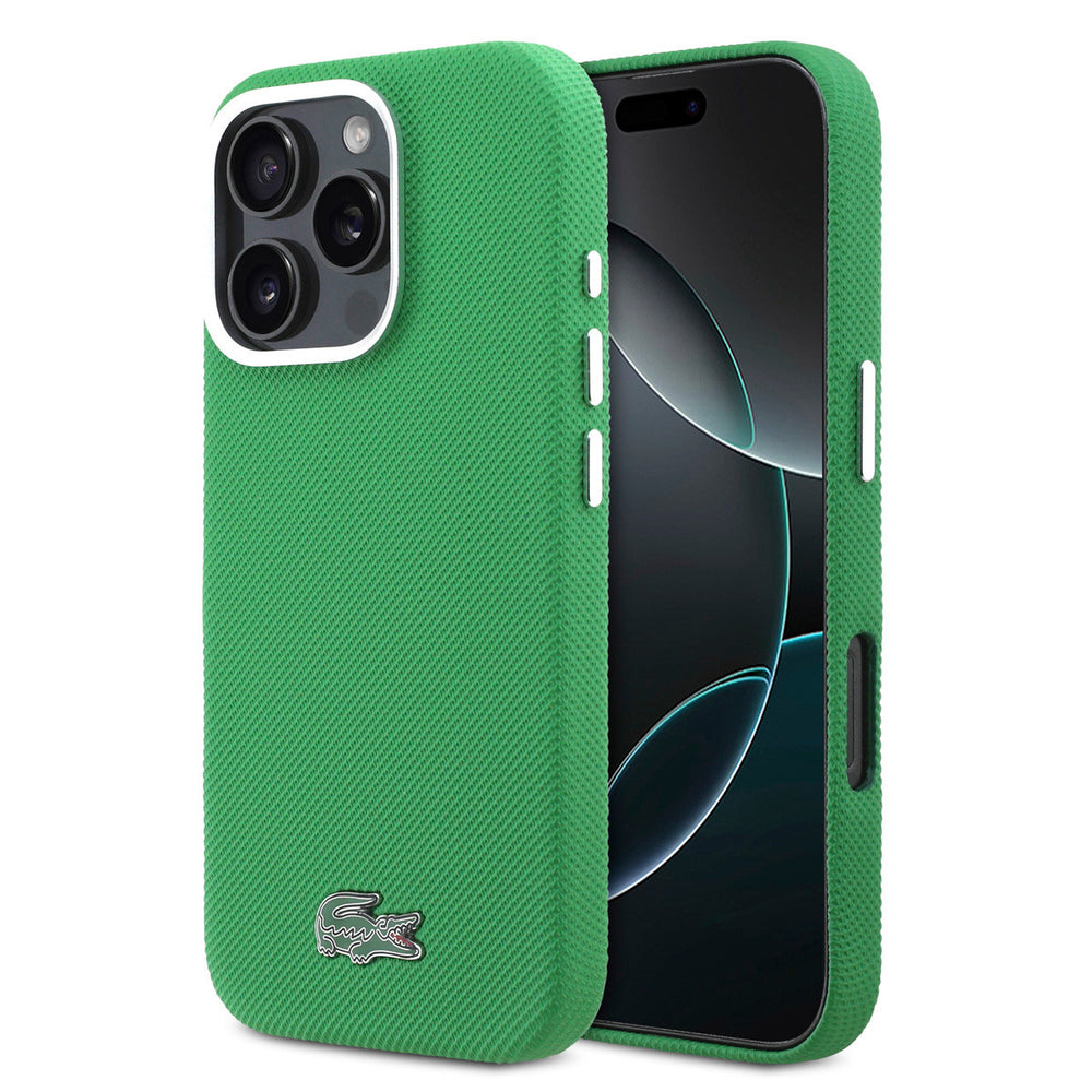 Lacoste iPhone 16 Pro Backcover hoesje - MagSafe - Metal Edges - Iconic Petit Pique Logo - Estragon Green-Hoesjes-Ilumina Benelux