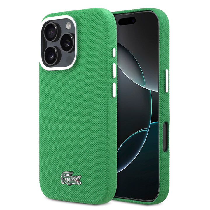 Lacoste iPhone 16 Pro Backcover hoesje - MagSafe - Metal Edges - Iconic Petit Pique Logo - Estragon Green-Hoesjes-Ilumina Benelux
