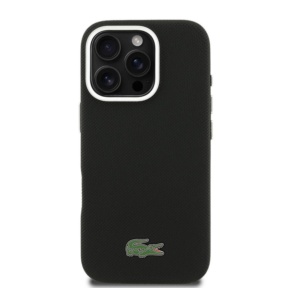 Lacoste iPhone 16 Pro Backcover hoesje - MagSafe - Metal Edges - Iconic Petit Pique Logo - Zwart-Hoesjes-Ilumina Benelux