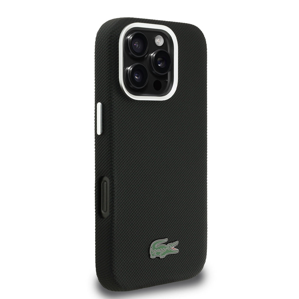 Lacoste iPhone 16 Pro Backcover hoesje - MagSafe - Metal Edges - Iconic Petit Pique Logo - Zwart-Hoesjes-Ilumina Benelux