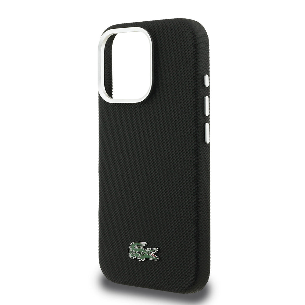 Lacoste iPhone 16 Pro Backcover hoesje - MagSafe - Metal Edges - Iconic Petit Pique Logo - Zwart-Hoesjes-Ilumina Benelux