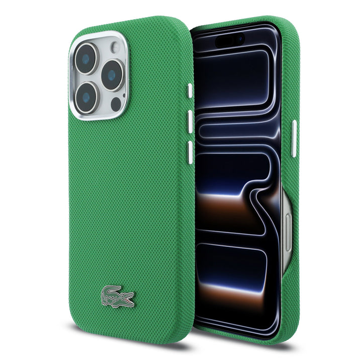 Lacoste iPhone 16 Pro Max Backcover hoesje - MagSafe - Metal Edges - Iconic Petit Pique Logo - Estragon Green-Hoesjes-Ilumina Benelux